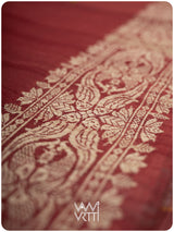 Mahagony Red Lotus Parrot Jaal Designer Exclusive Handspun Handwoven Tussar Silk Saree
