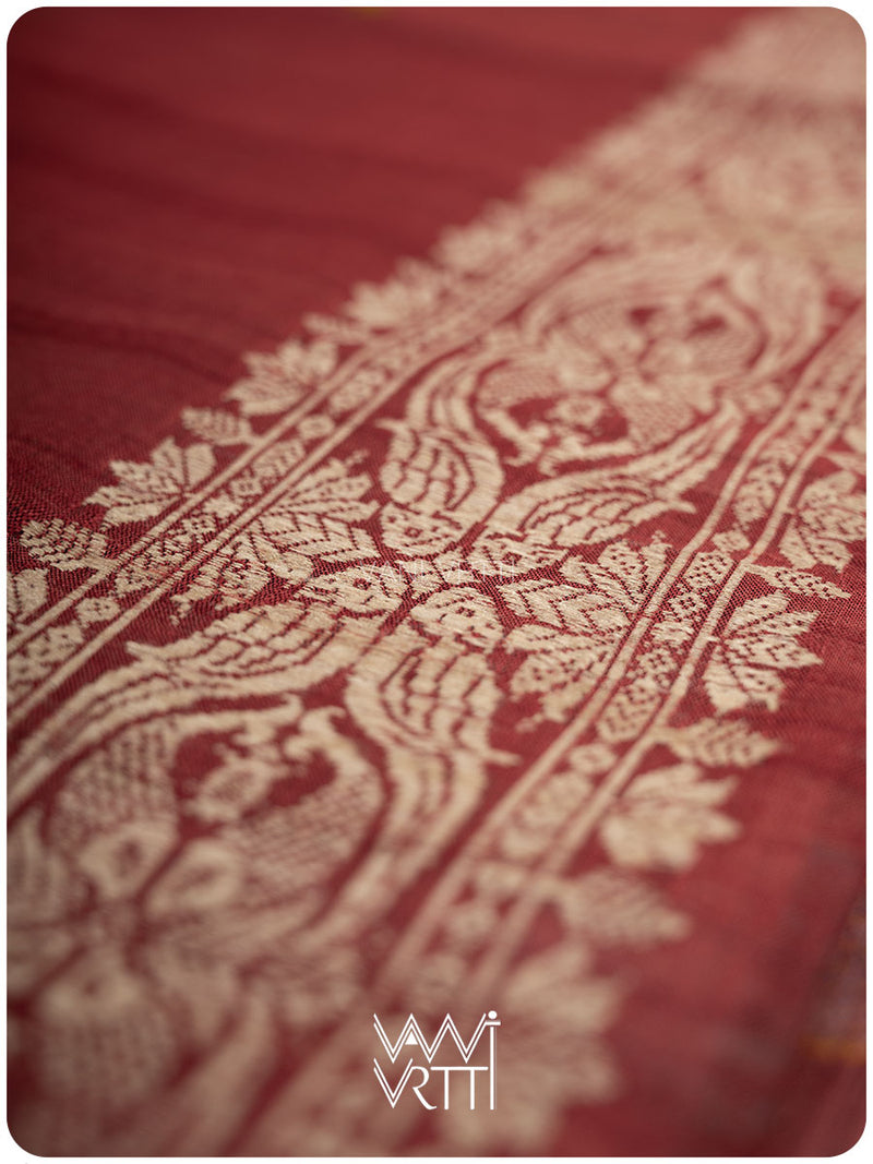 Mahagony Red Lotus Parrot Jaal Designer Exclusive Handspun Handwoven Tussar Silk Saree