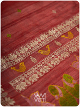 Mahagony Red Lotus Parrot Jaal Designer Exclusive Handspun Handwoven Tussar Silk Saree