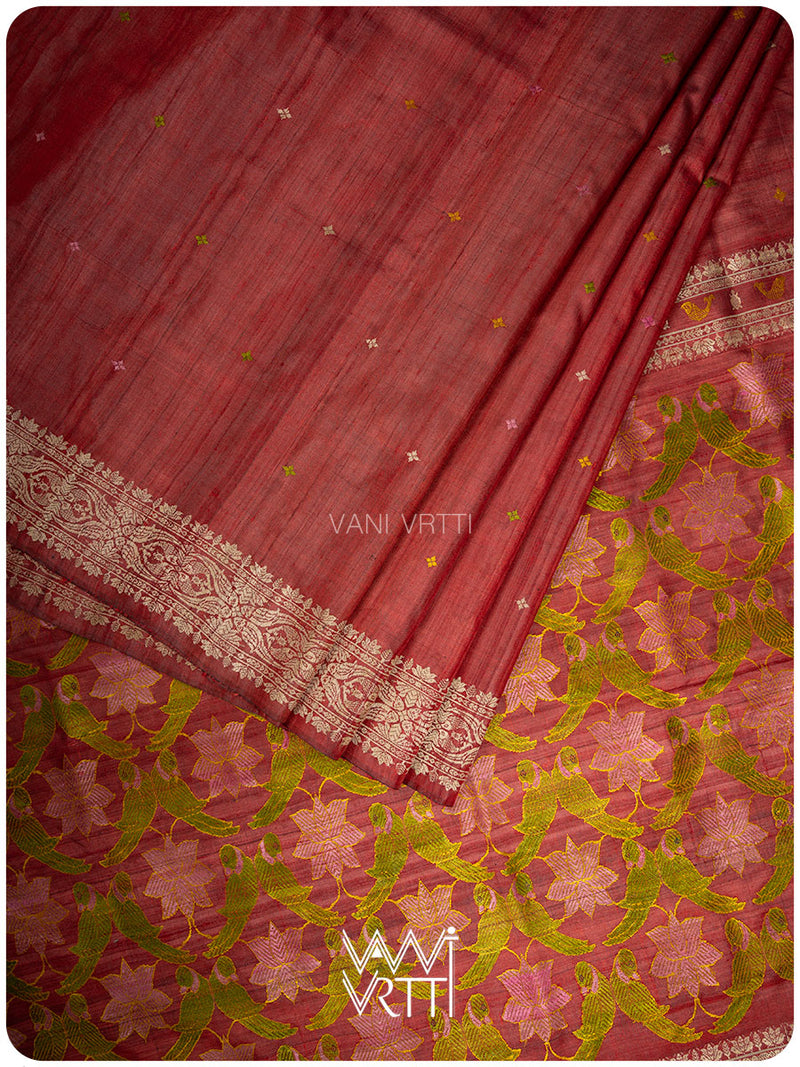 Mahagony Red Lotus Parrot Jaal Designer Exclusive Handspun Handwoven Tussar Silk Saree