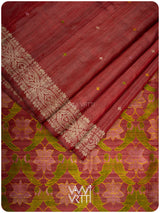 Mahagony Red Lotus Parrot Jaal Designer Exclusive Handspun Handwoven Tussar Silk Saree
