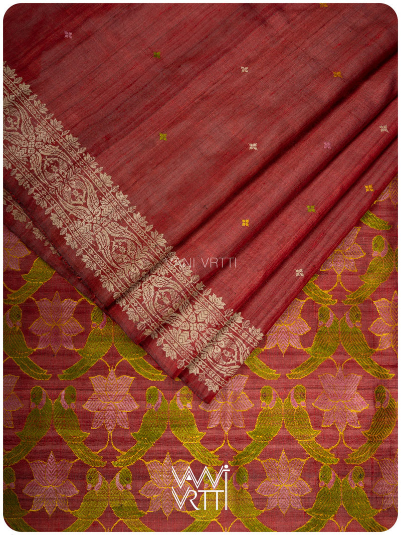 Mahagony Red Lotus Parrot Jaal Designer Exclusive Handspun Handwoven Tussar Silk Saree