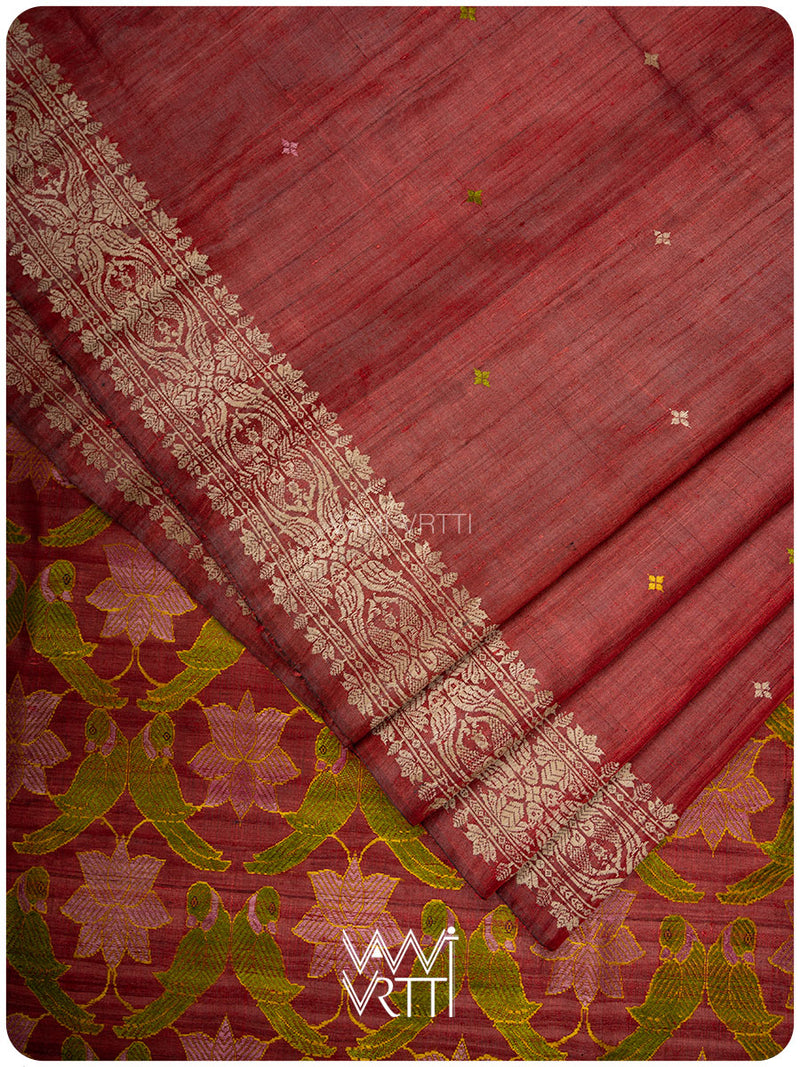 Mahagony Red Lotus Parrot Jaal Designer Exclusive Handspun Handwoven Tussar Silk Saree