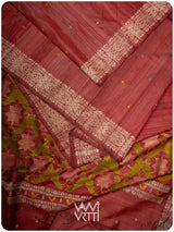 Mahagony Red Lotus Parrot Jaal Designer Exclusive Handspun Handwoven Tussar Silk Saree