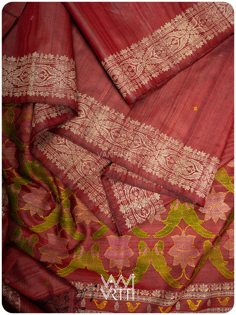 Mahagony Red Lotus Parrot Jaal Designer Exclusive Handspun Handwoven Tussar Silk Saree