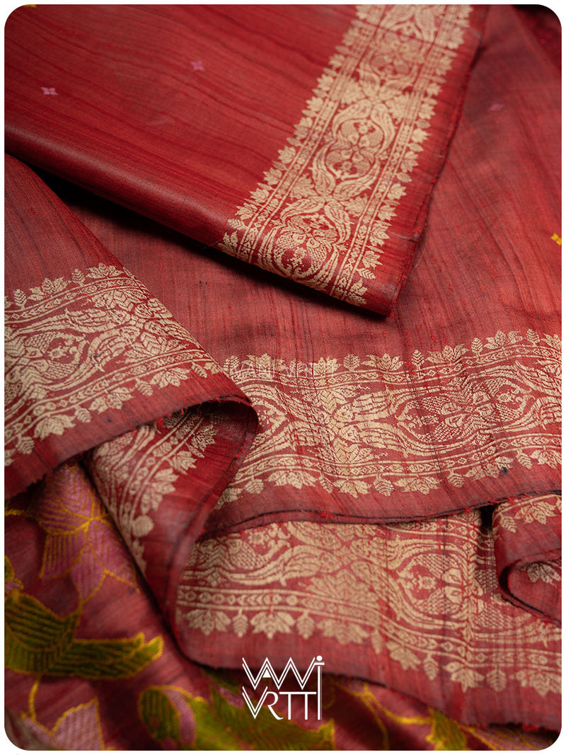 Mahagony Red Lotus Parrot Jaal Designer Exclusive Handspun Handwoven Tussar Silk Saree