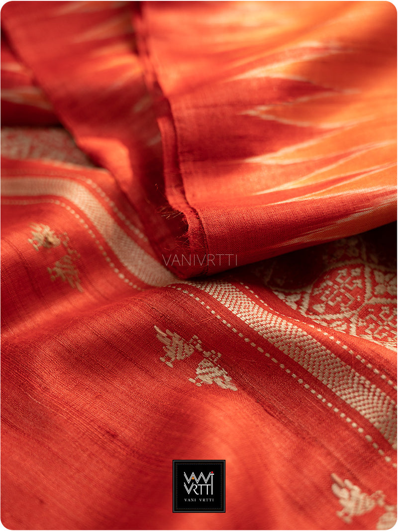 Narangi Laal Reddish Orange Kalpavriksha Handspun Tussar Silk Saree