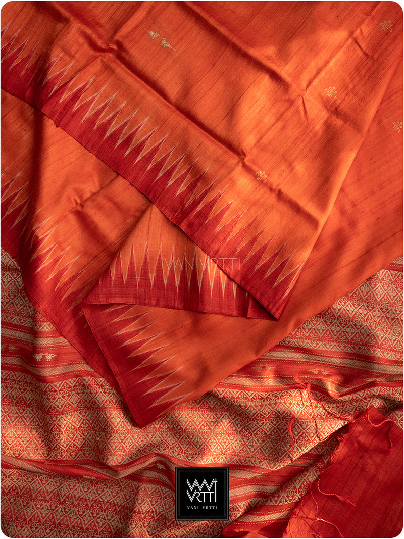 Narangi Laal Reddish Orange Kalpavriksha Handspun Tussar Silk Saree