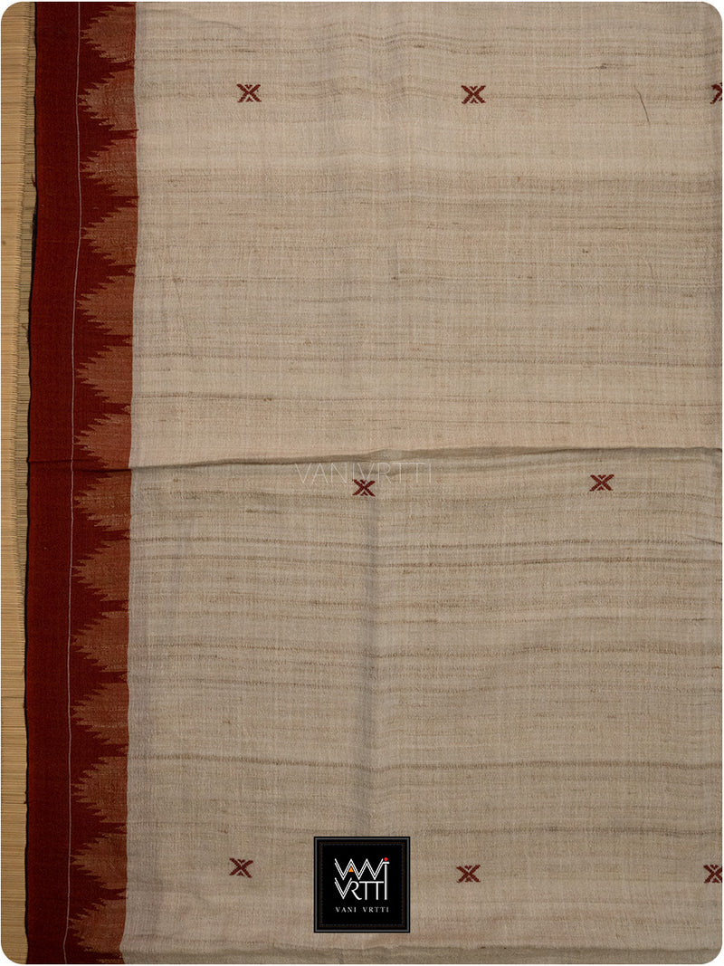 Off White Madder Red Natural Dyed Phoda Kumbha Handwoven Cotton Tussar Kotpad Saree