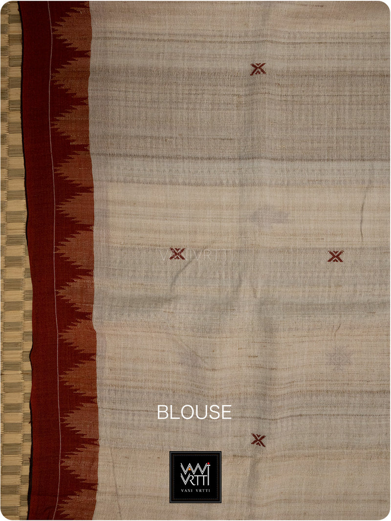 Off White Madder Red Natural Dyed Phoda Kumbha Handwoven Cotton Tussar Kotpad Saree