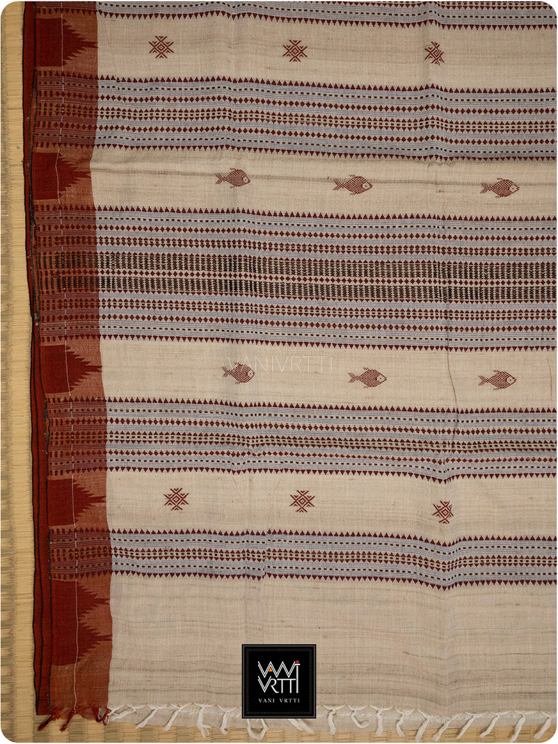 Off White Madder Red Natural Dyed Phoda Kumbha Handwoven Cotton Tussar Kotpad Saree