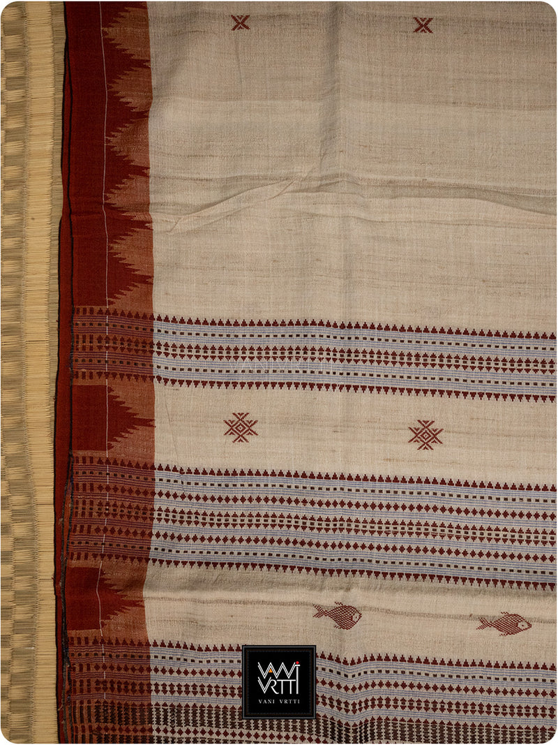 Off White Madder Red Natural Dyed Phoda Kumbha Handwoven Cotton Tussar Kotpad Saree