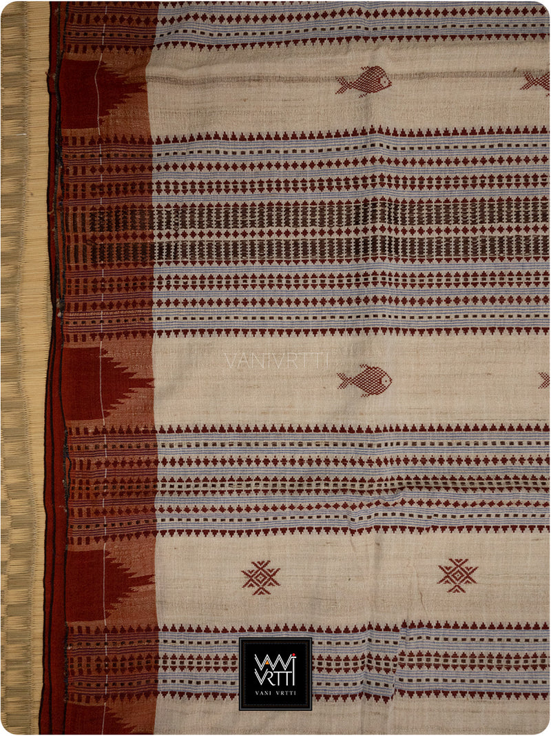 Off White Madder Red Natural Dyed Phoda Kumbha Handwoven Cotton Tussar Kotpad Saree