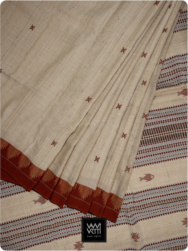 Off White Madder Red Natural Dyed Phoda Kumbha Handwoven Cotton Tussar Kotpad Saree