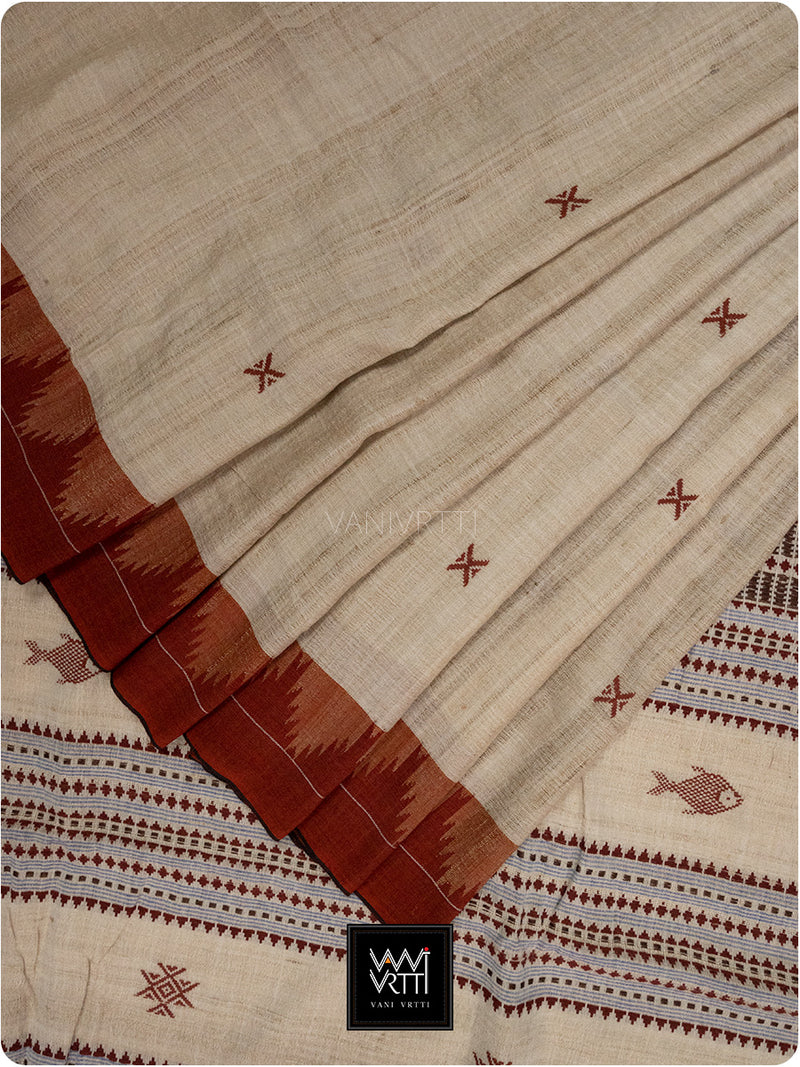 Off White Madder Red Natural Dyed Phoda Kumbha Handwoven Cotton Tussar Kotpad Saree