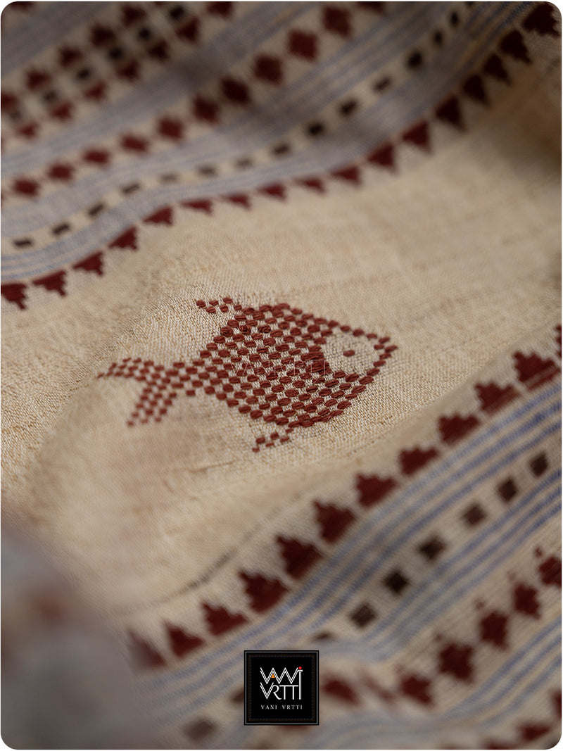 Off White Madder Red Natural Dyed Phoda Kumbha Handwoven Cotton Tussar Kotpad Saree