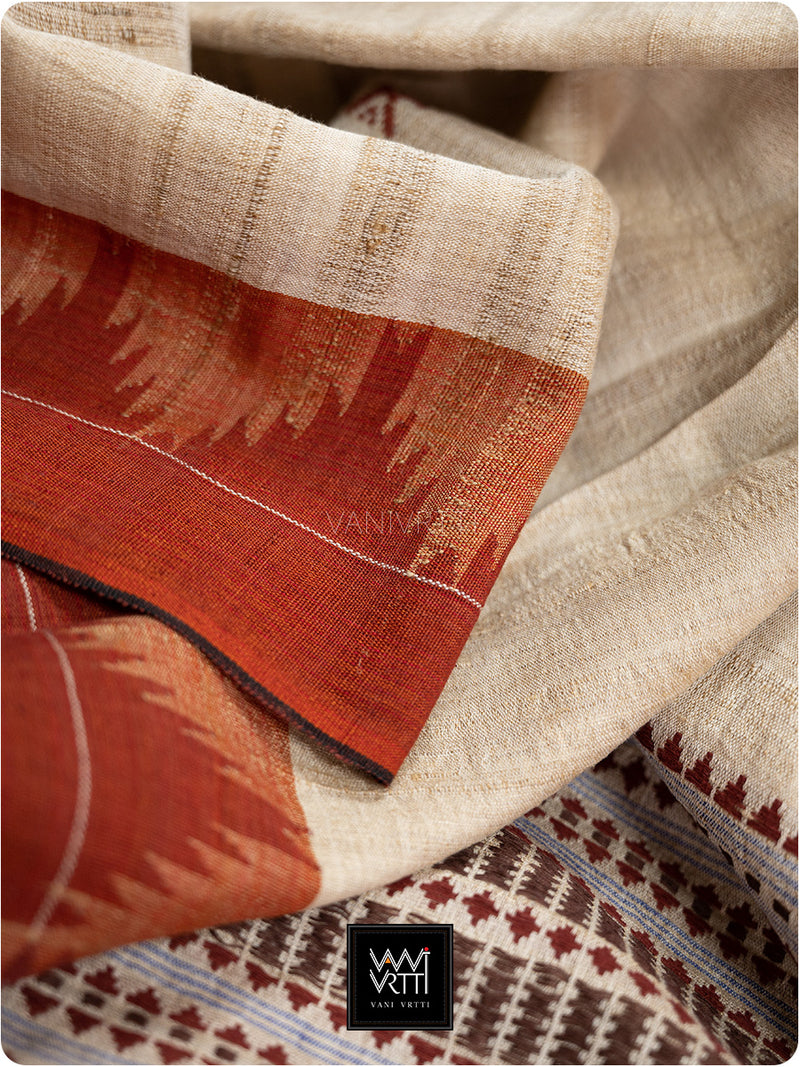 Off White Madder Red Natural Dyed Phoda Kumbha Handwoven Cotton Tussar Kotpad Saree
