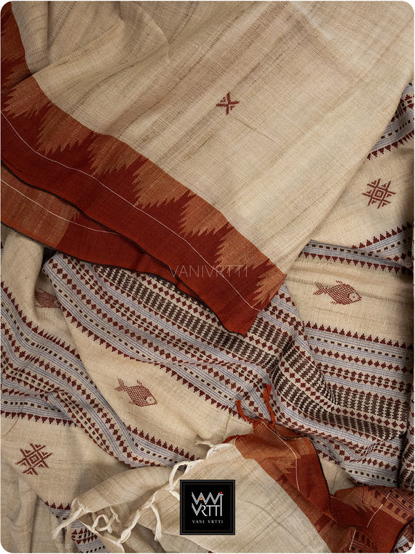 Off White Madder Red Natural Dyed Phoda Kumbha Handwoven Cotton Tussar Kotpad Saree