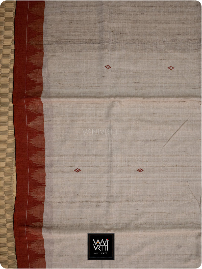 Off White Madder Red Natural Dyed Phoda Kumbha Handwoven Cotton Tussar Kotpad Saree