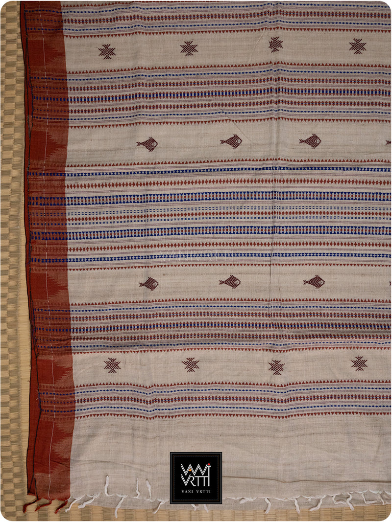 Off White Madder Red Natural Dyed Phoda Kumbha Handwoven Cotton Tussar Kotpad Saree