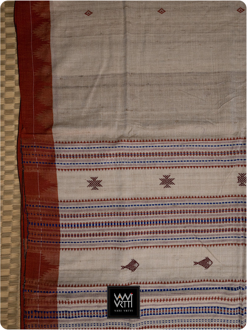 Off White Madder Red Natural Dyed Phoda Kumbha Handwoven Cotton Tussar Kotpad Saree