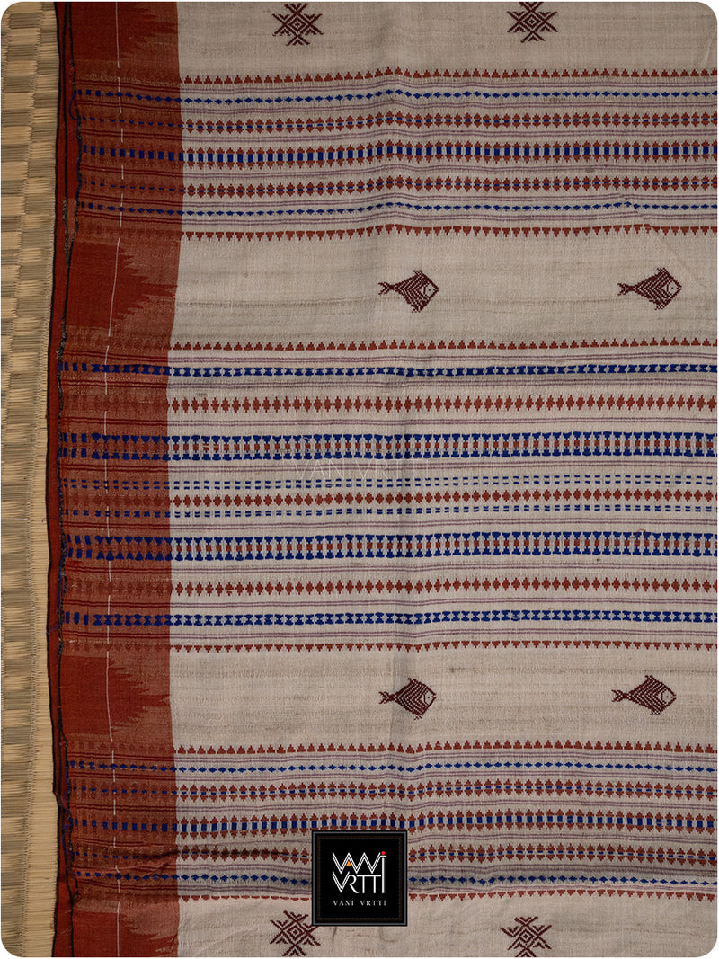 Off White Madder Red Natural Dyed Phoda Kumbha Handwoven Cotton Tussar Kotpad Saree
