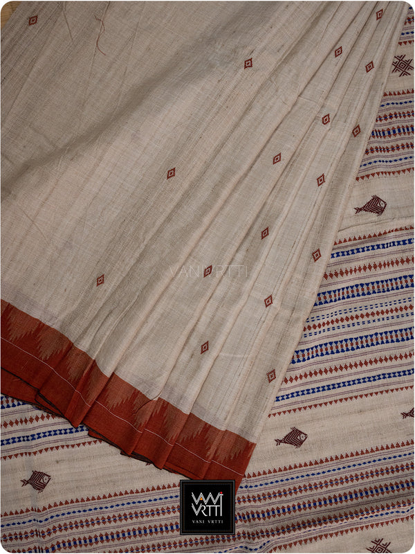 Off White Madder Red Natural Dyed Phoda Kumbha Handwoven Cotton Tussar Kotpad Saree