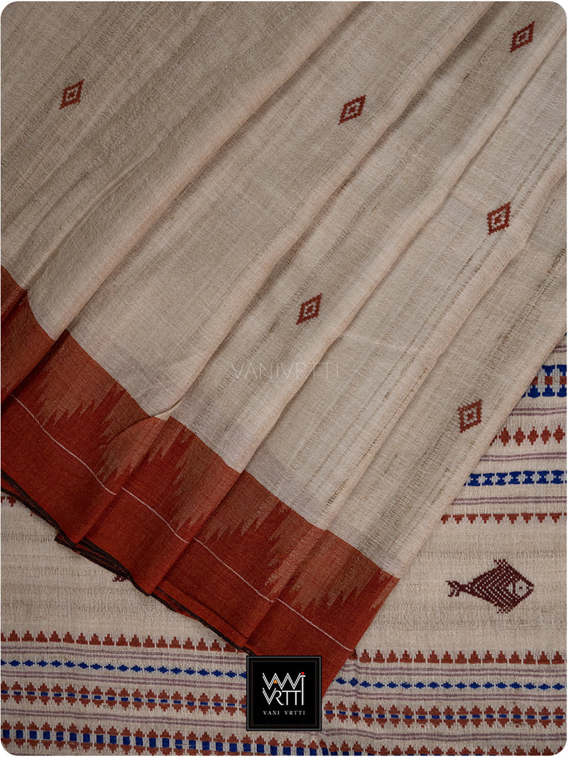 Off White Madder Red Natural Dyed Phoda Kumbha Handwoven Cotton Tussar Kotpad Saree