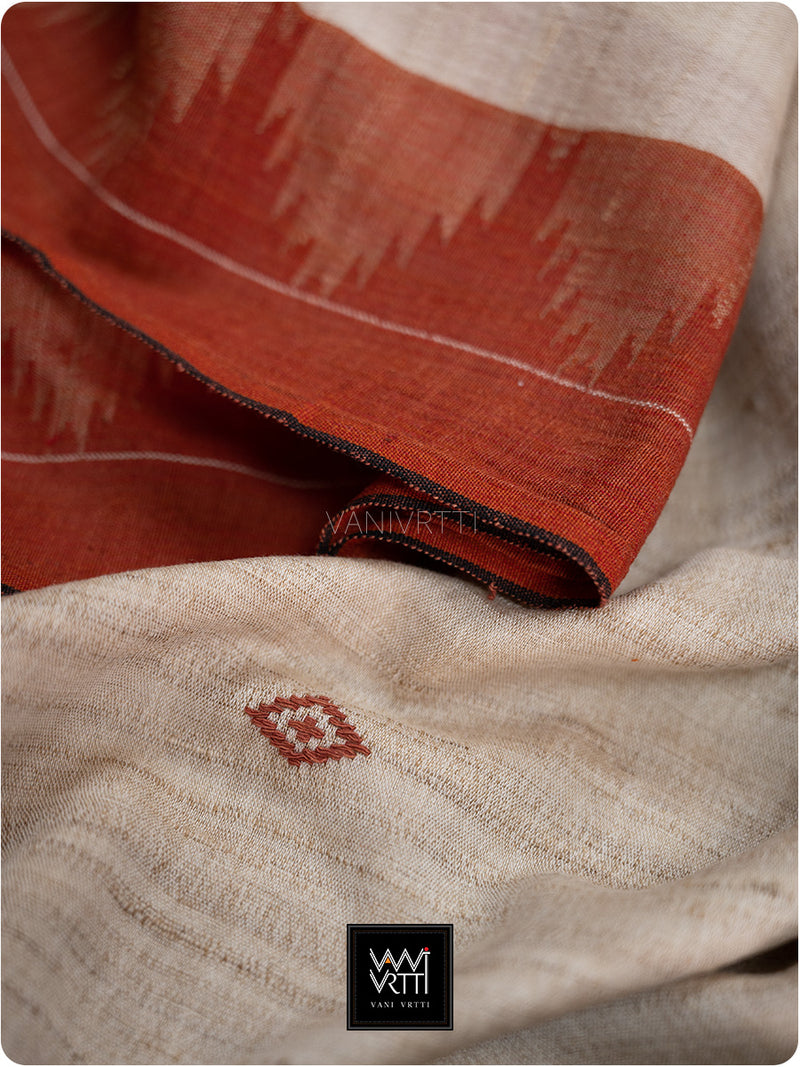Off White Madder Red Natural Dyed Phoda Kumbha Handwoven Cotton Tussar Kotpad Saree