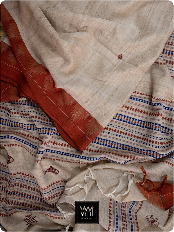 Off White Madder Red Natural Dyed Phoda Kumbha Handwoven Cotton Tussar Kotpad Saree