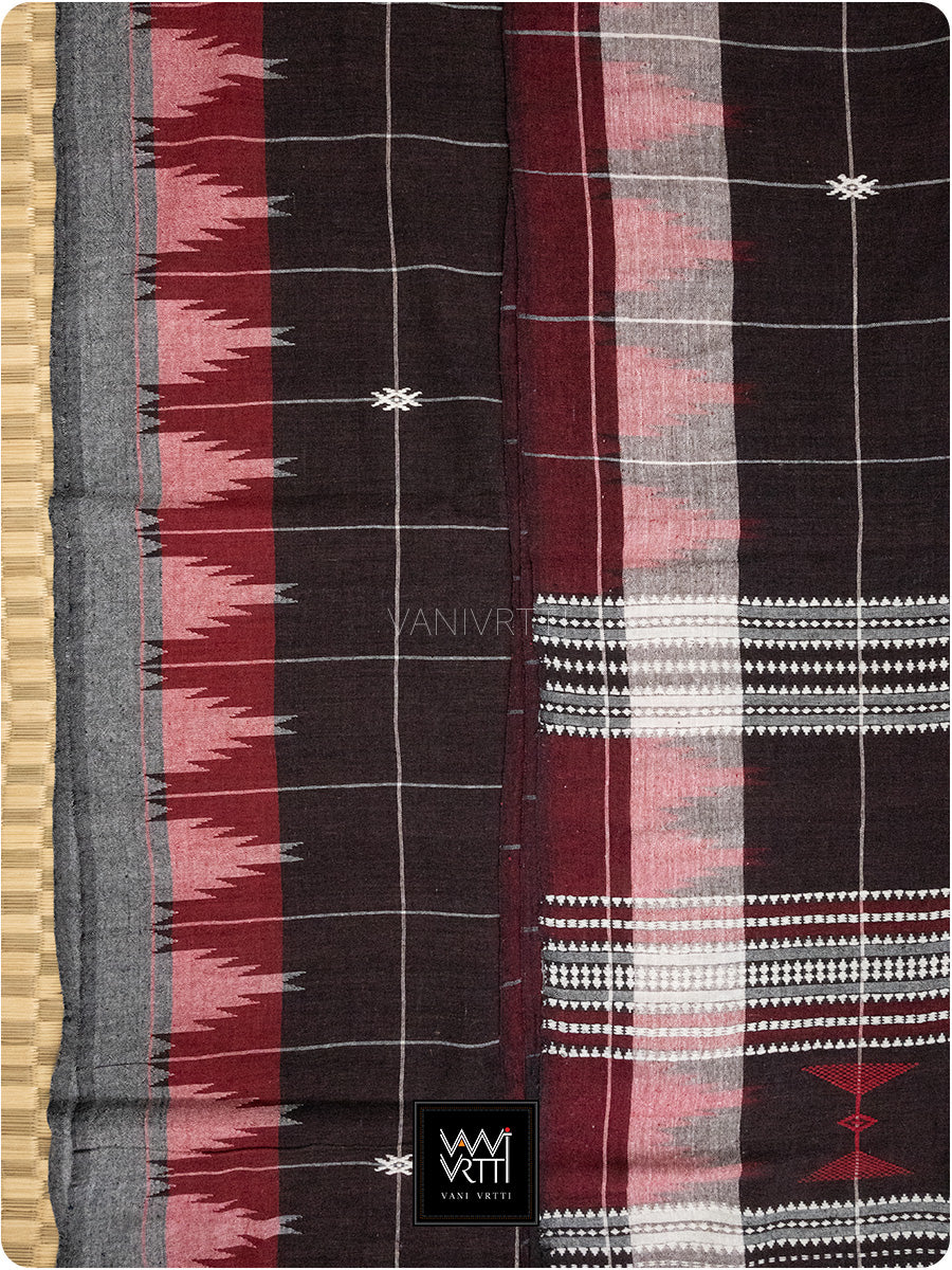 Deep Coffee Bold Checks Natural Dyed Phoda Kumbha Handwoven Cotton Kotpad Saree