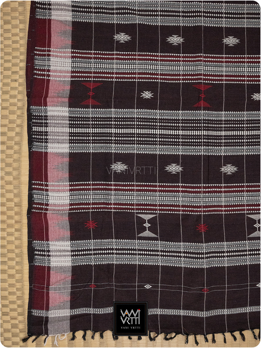 Deep Coffee Bold Checks Natural Dyed Phoda Kumbha Handwoven Cotton Kotpad Saree