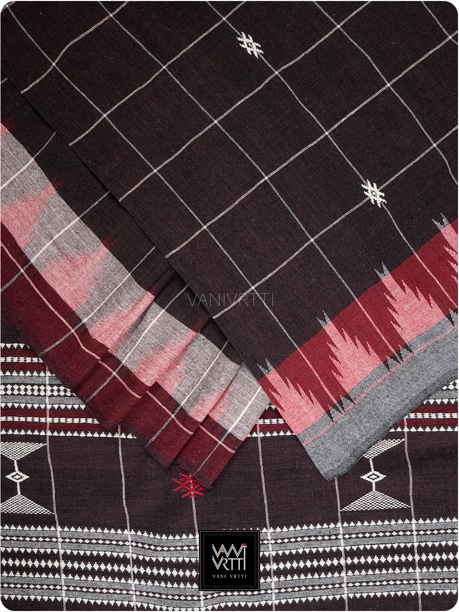 Deep Coffee Bold Checks Natural Dyed Phoda Kumbha Handwoven Cotton Kotpad Saree