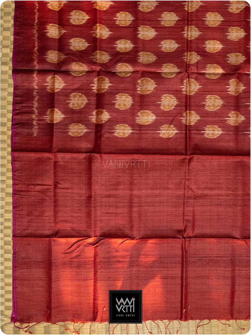 Maroon Rust Peepal Ikat Handspun Tussar Silk Saree