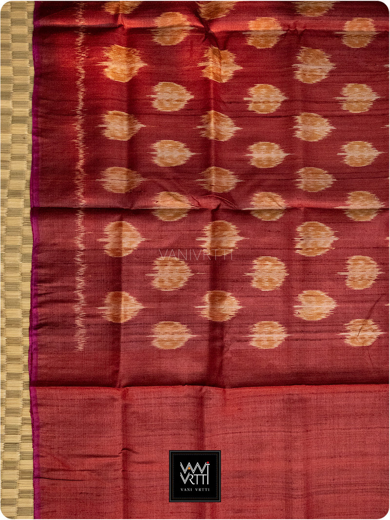 Maroon Rust Peepal Ikat Handspun Tussar Silk Saree