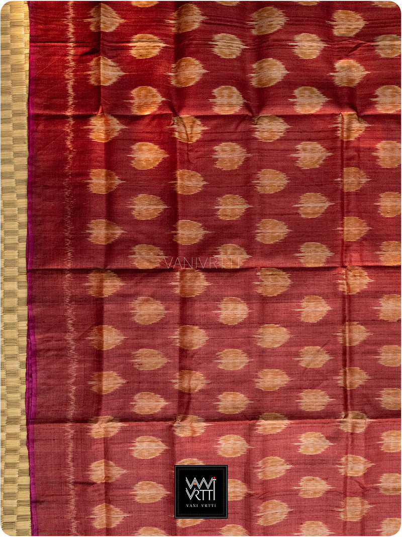 Maroon Rust Peepal Ikat Handspun Tussar Silk Saree