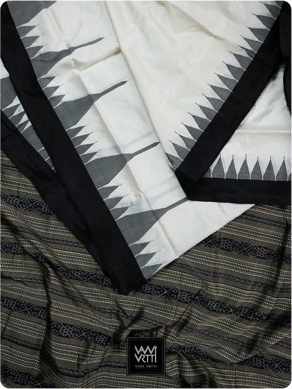 Ivory White Black Phoda Kumbha Mulberry Silk Ikat