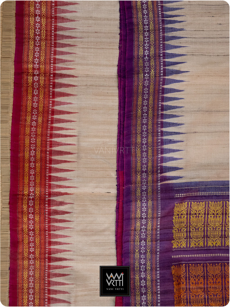 Off White Purple Red Ganga Jamuna Ananta Handspun Tussar Silk Saree