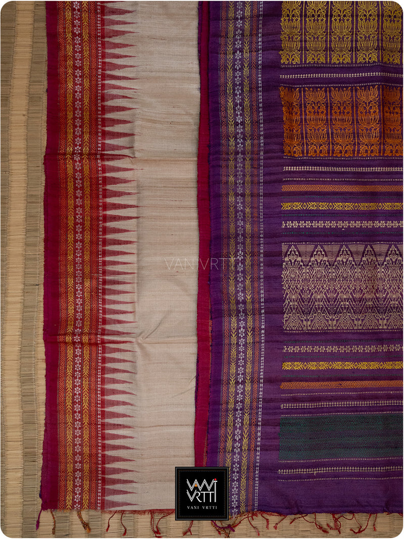 Off White Purple Red Ganga Jamuna Ananta Handspun Tussar Silk Saree