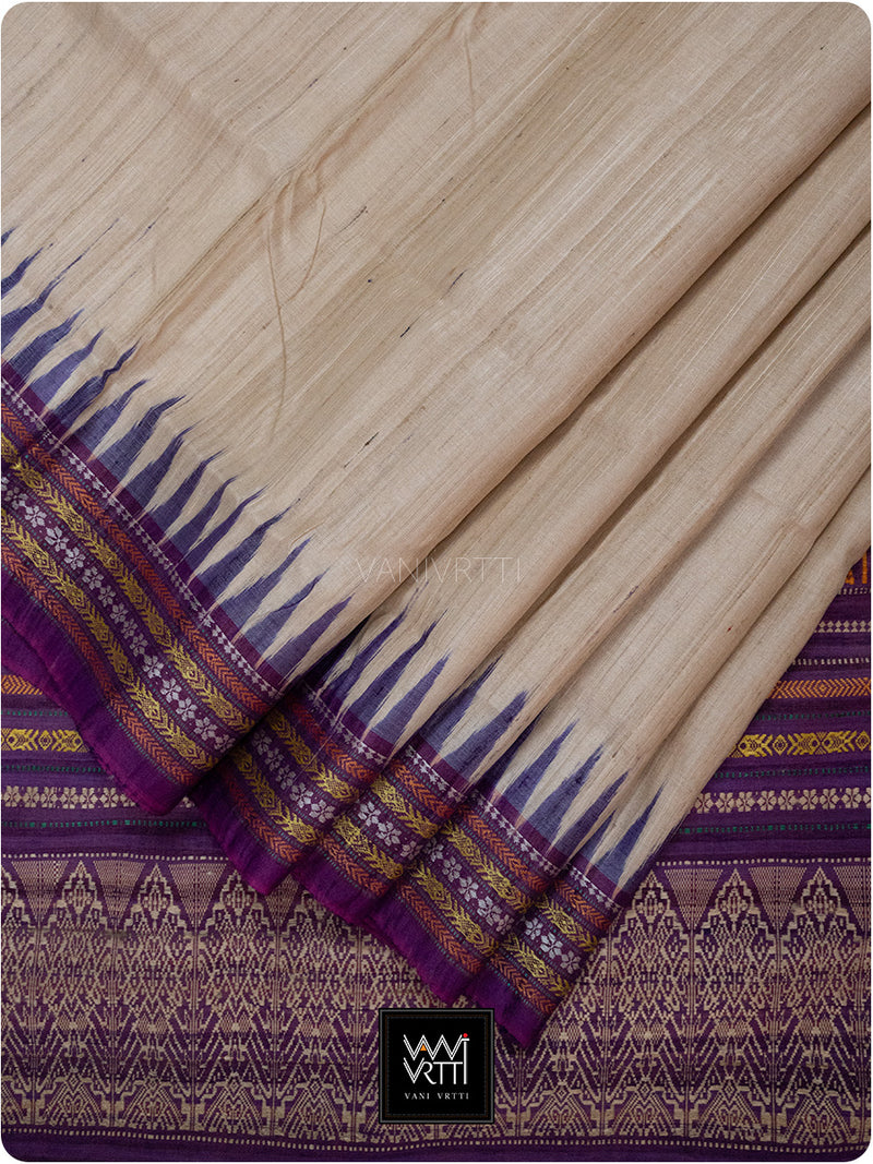 Off White Purple Red Ganga Jamuna Ananta Handspun Tussar Silk Saree