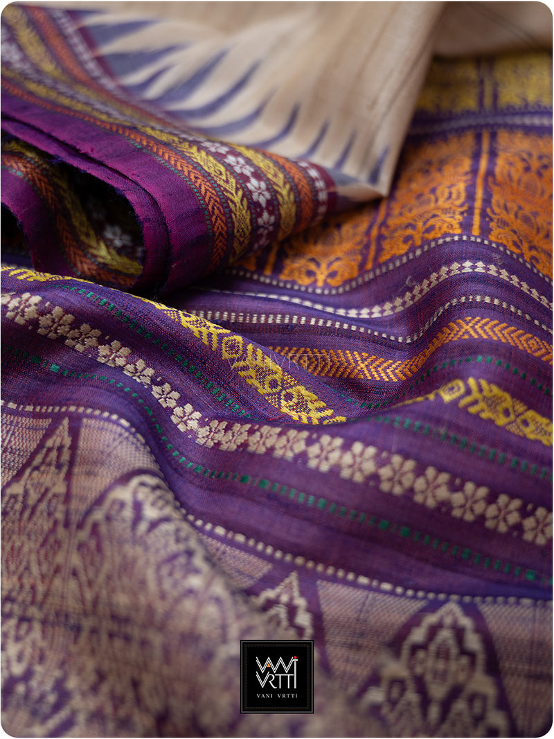 Off White Purple Red Ganga Jamuna Ananta Handspun Tussar Silk Saree