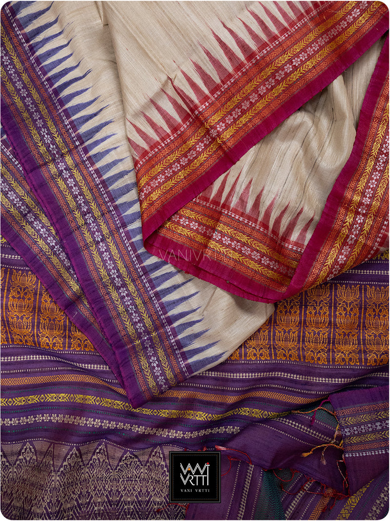 Off White Purple Red Ganga Jamuna Ananta Handspun Tussar Silk Saree