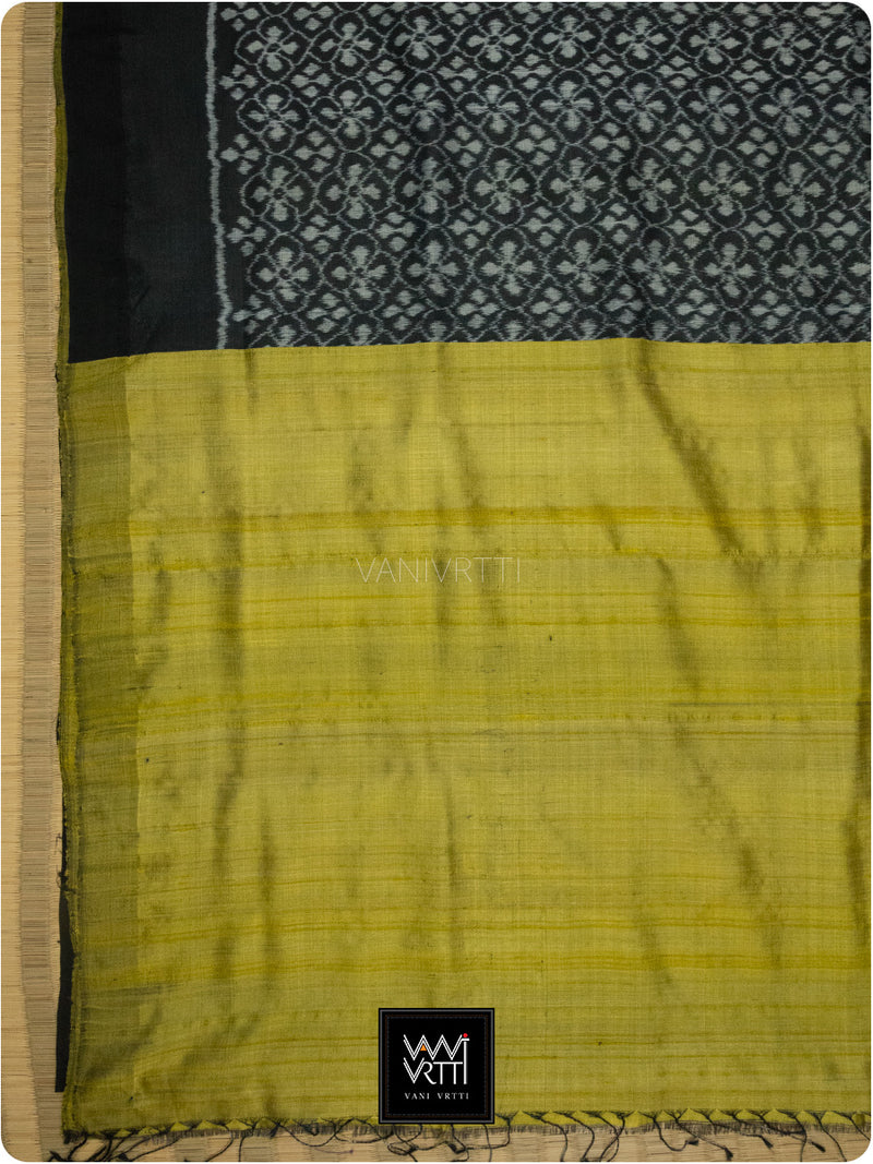 Lime Green Black Raat Ki Rani Ikat Bamboo Tussar Silk Saree