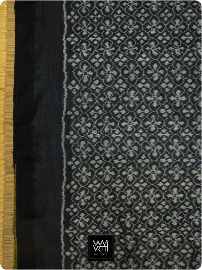 Lime Green Black Raat Ki Rani Ikat Bamboo Tussar Silk Saree
