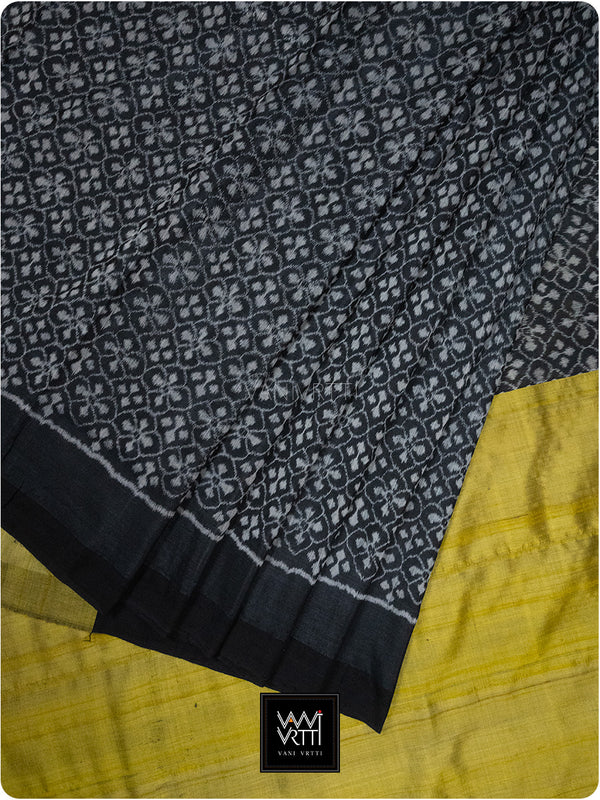 Lime Green Black Raat Ki Rani Ikat Bamboo Tussar Silk Saree