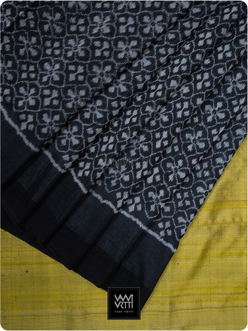 Lime Green Black Raat Ki Rani Ikat Bamboo Tussar Silk Saree