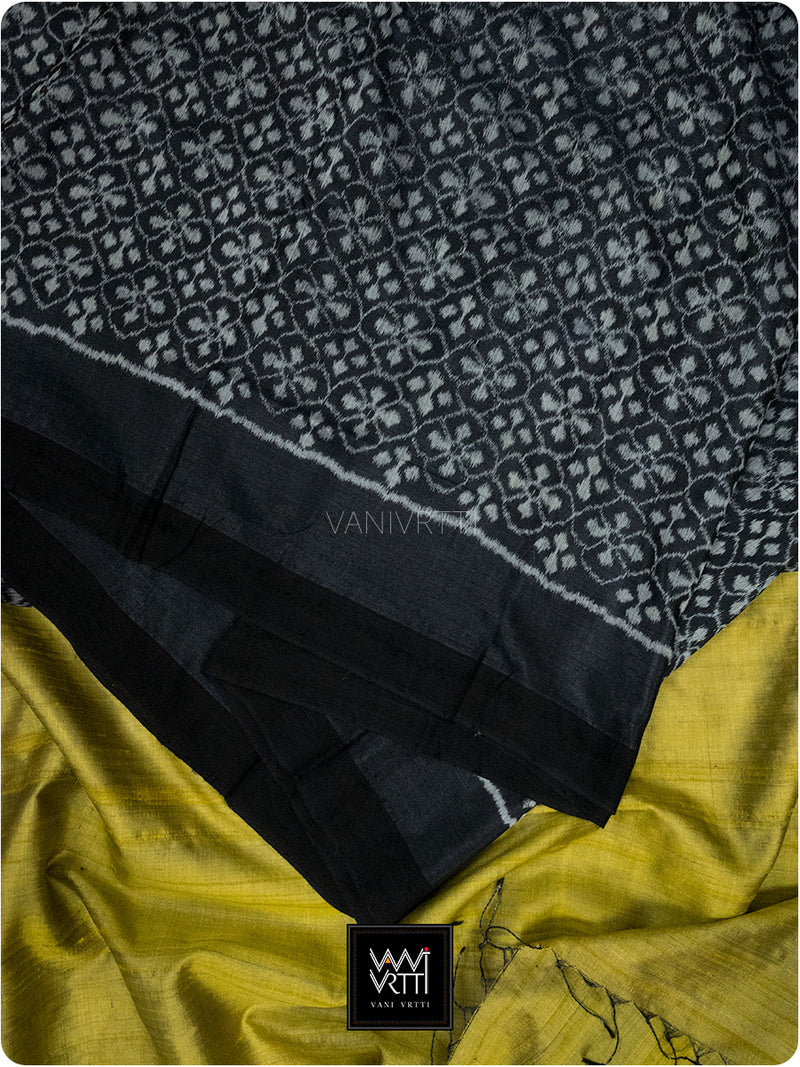 Lime Green Black Raat Ki Rani Ikat Bamboo Tussar Silk Saree
