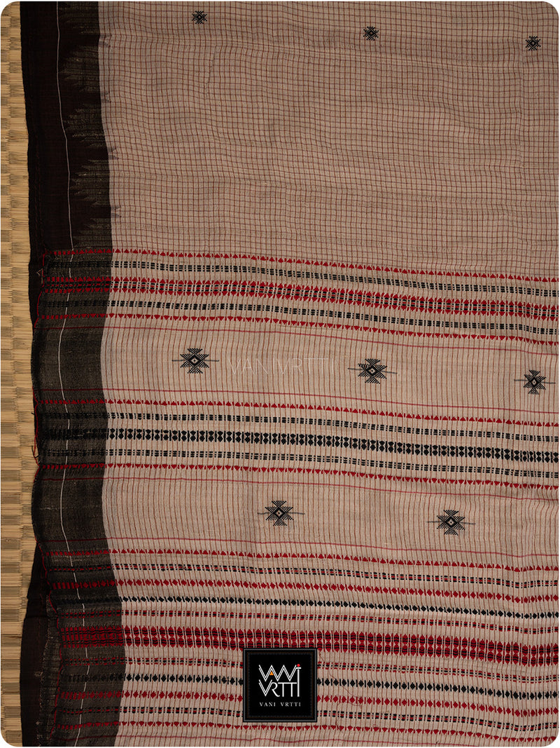 Moth Black Grey Checks Natural Dyed Phoda Kumbha Handwoven Cotton Tussar Kotpad Saree