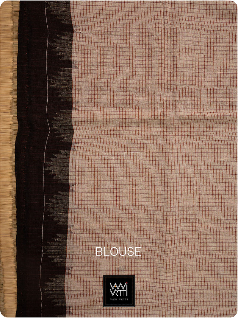 Moth Black Grey Checks Natural Dyed Phoda Kumbha Handwoven Cotton Tussar Kotpad Saree