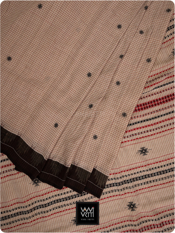 Moth Black Grey Checks Natural Dyed Phoda Kumbha Handwoven Cotton Tussar Kotpad Saree